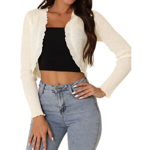 Crop Sweater Cardigan Open Front Lightweight Knit Shrug White
